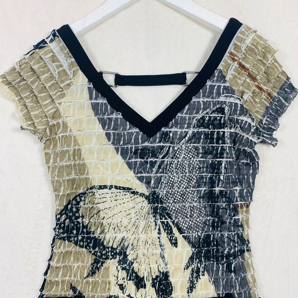 Frank Lyman Blk/Tan Ruffle Butterfly Short Sleeve Top V Neck/Scoop Back Wms Sz 6 - Picture 10 of 16